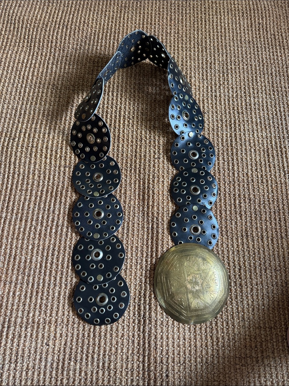 Vintage Black Leather Circle Grommet Belt with Large Brass Medallion